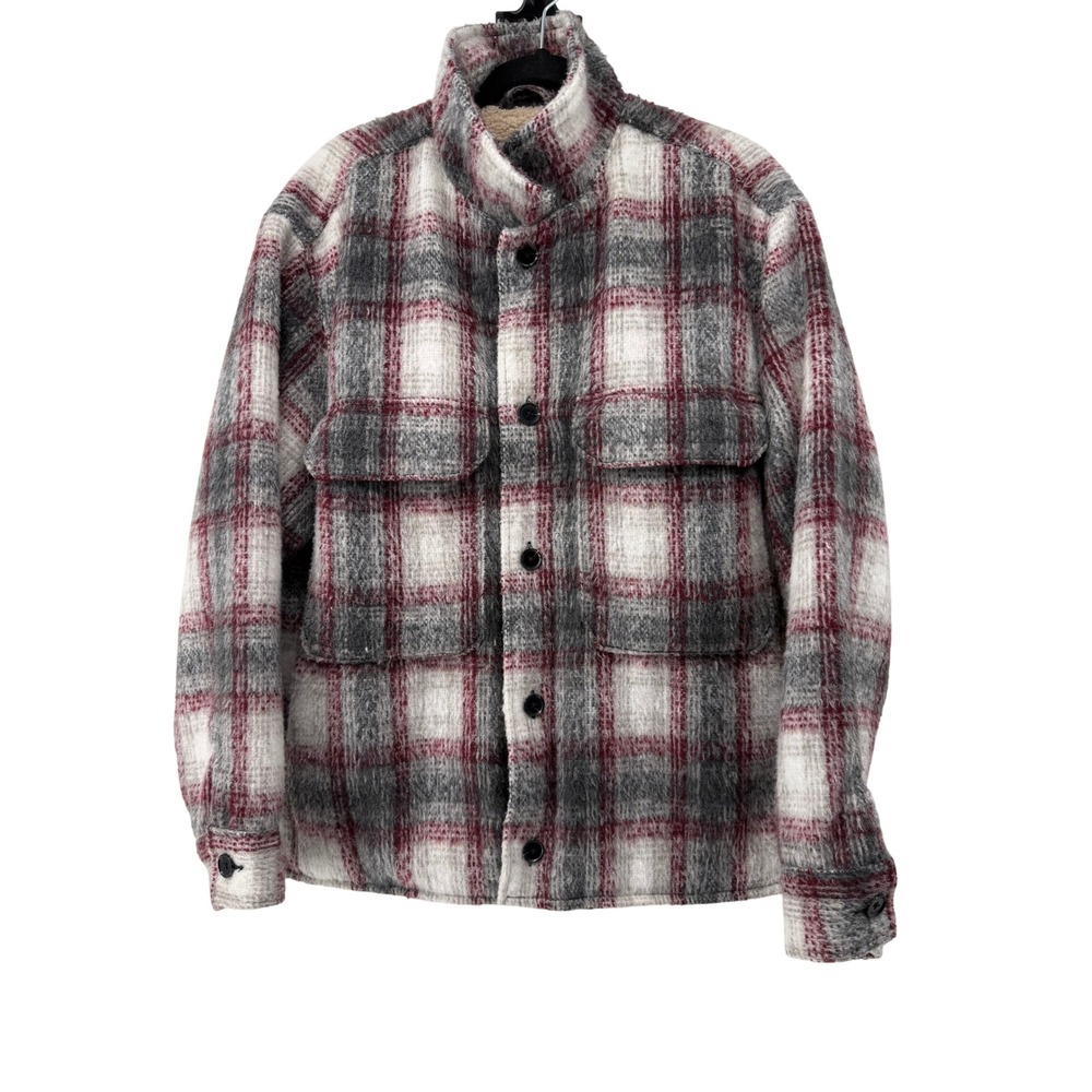 Abercrombie & Fitch Relaxed Plaid Sherpa Lined Shirt Jacket Grey Burgundy Large